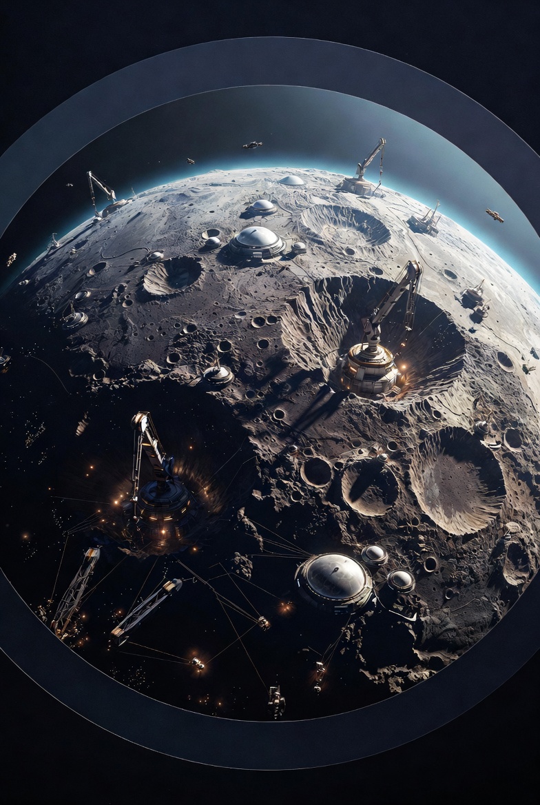 Sci-fi lunar mining colony with visible surface operations